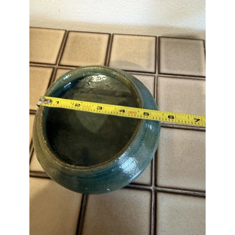 Vintage Studio Art Pottery Bowl Teal Green Glaze Hand Thrown Low Vessel Planter